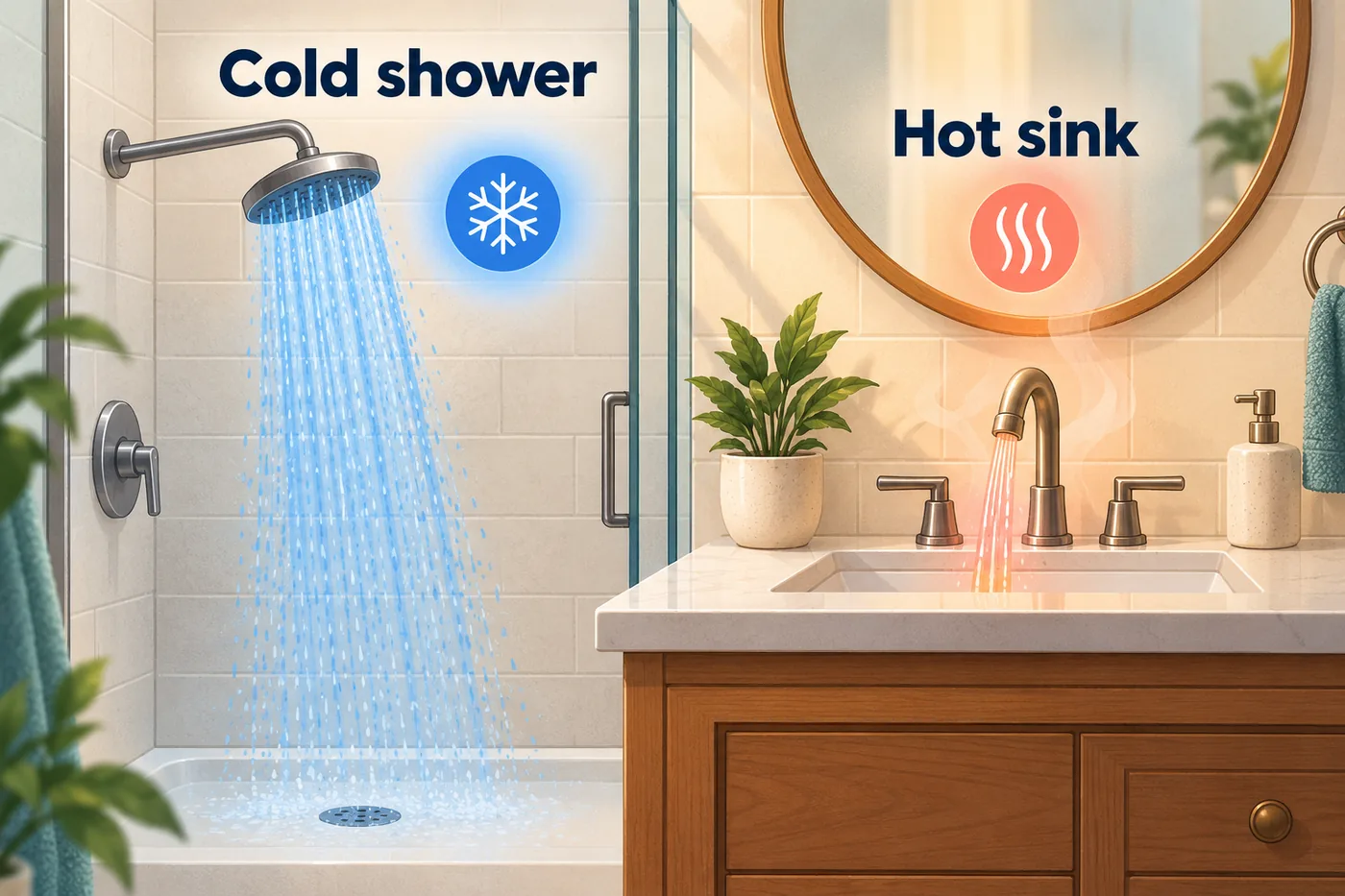 Conceptual bathroom illustration showing a cold shower beside a hot sink