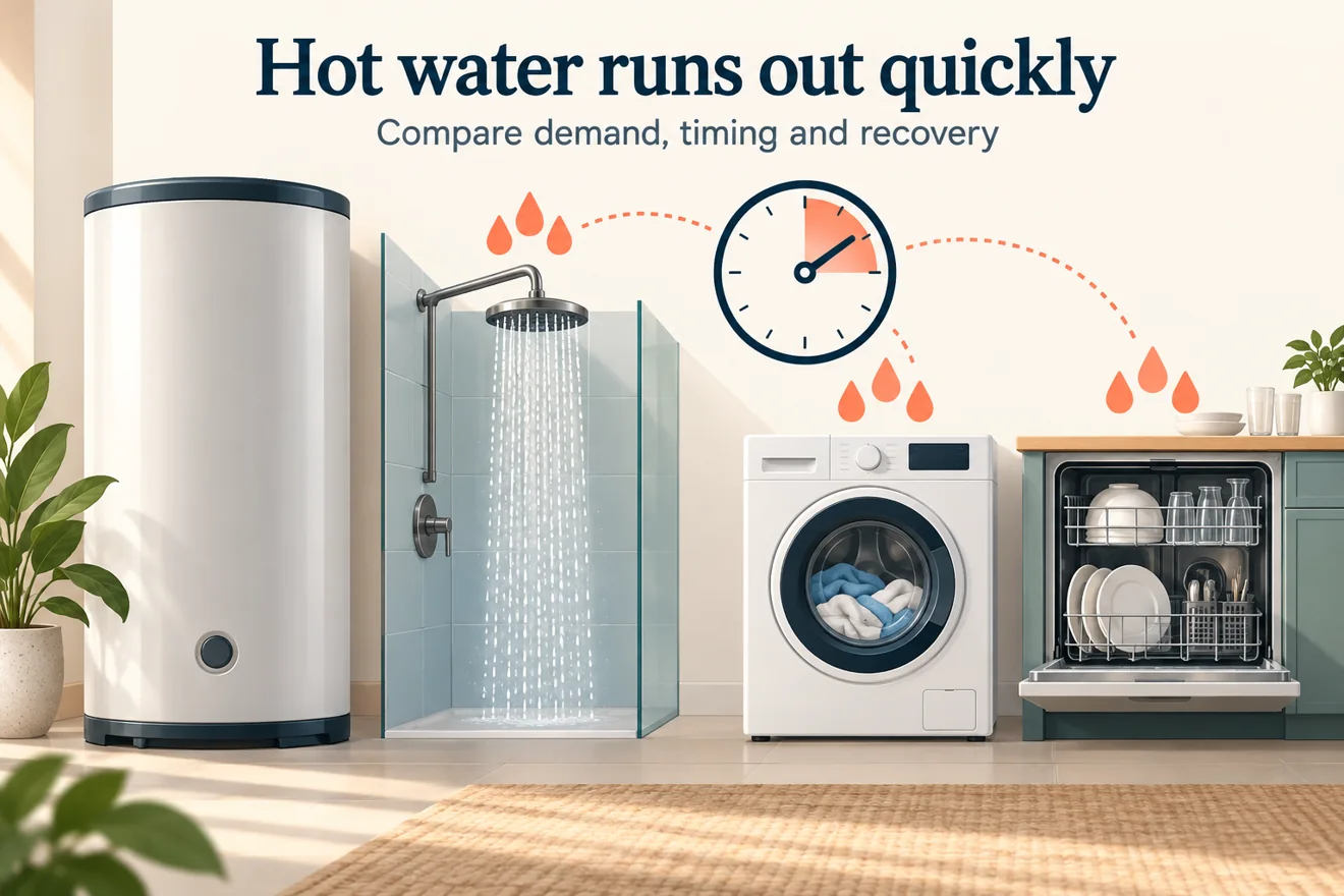 Illustration of a storage water heater, shower, washing machine, dishwasher and clock representing hot-water demand and recovery