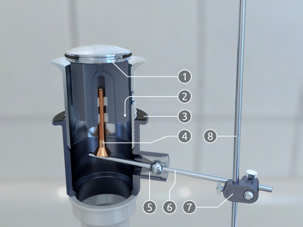 Bathroom sink draining slowly reference: cutaway pop-up stopper, pivot rod, and lift linkage.