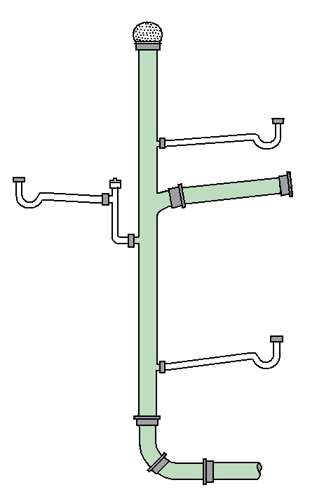Illustrative fixture traps and branch drains joining a vertical soil stack