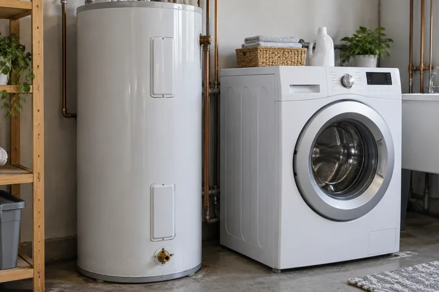 AI-generated illustration of an electric storage water heater beside a washing machine