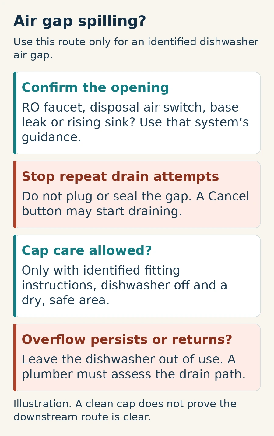Illustrated air-gap overflow decision guide: identify the fitting, stop repeat drain attempts, use only fitting-specific cap care, and call a plumber for persistent overflow
