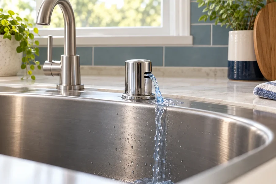 Illustration of water spilling from a dishwasher air-gap opening beside a kitchen faucet