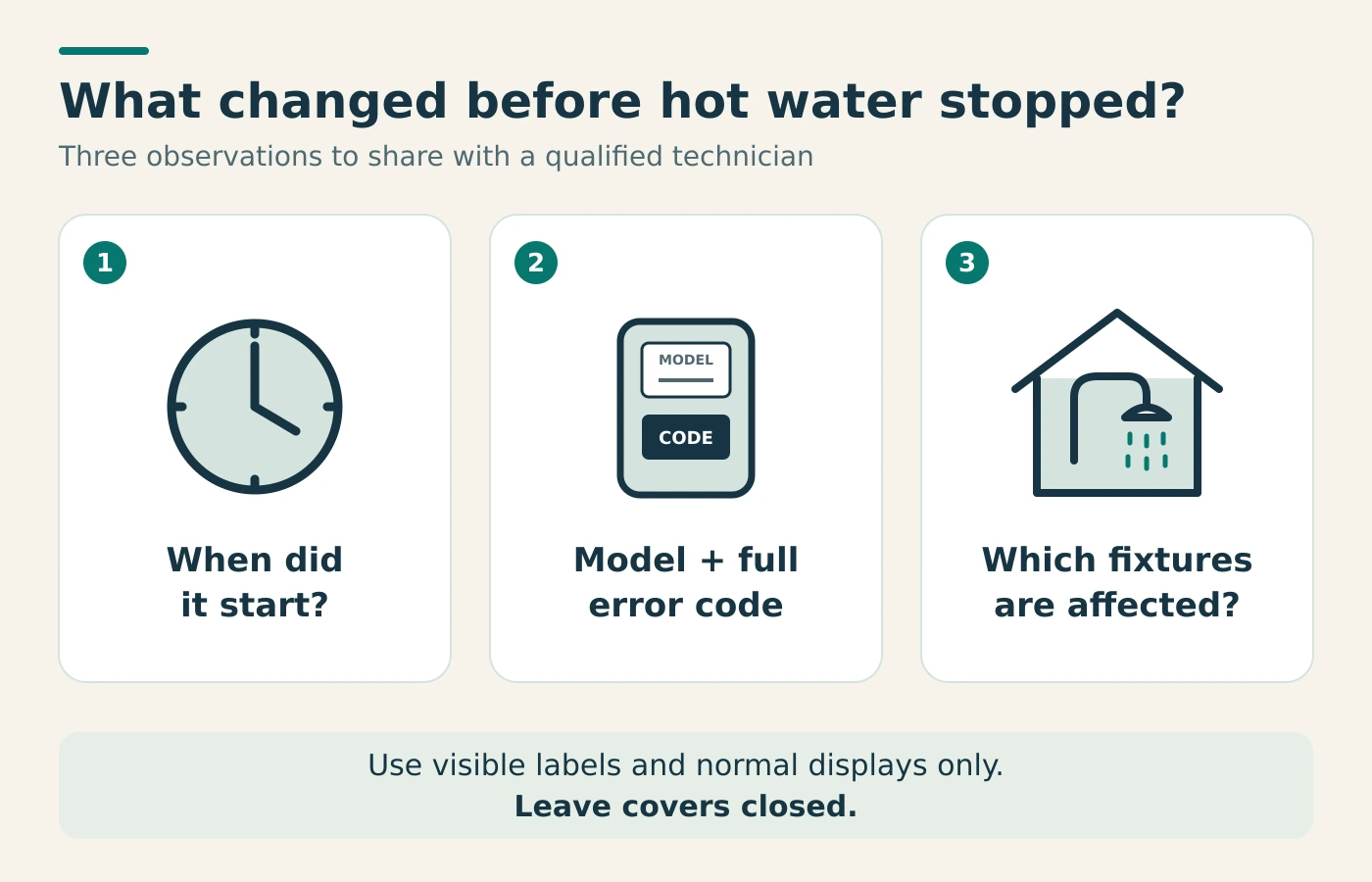 Three observations to share with a technician: when hot water stopped, the heater model and full error code, and which fixtures are affected. Use visible labels and normal displays only; leave covers closed.