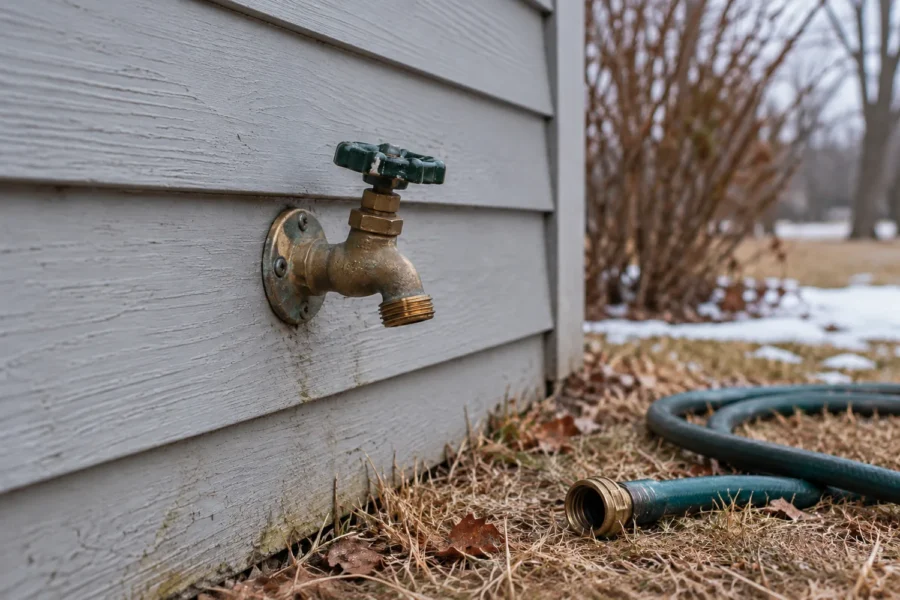 AI-generated illustration of an outdoor brass faucet with a disconnected garden hose
