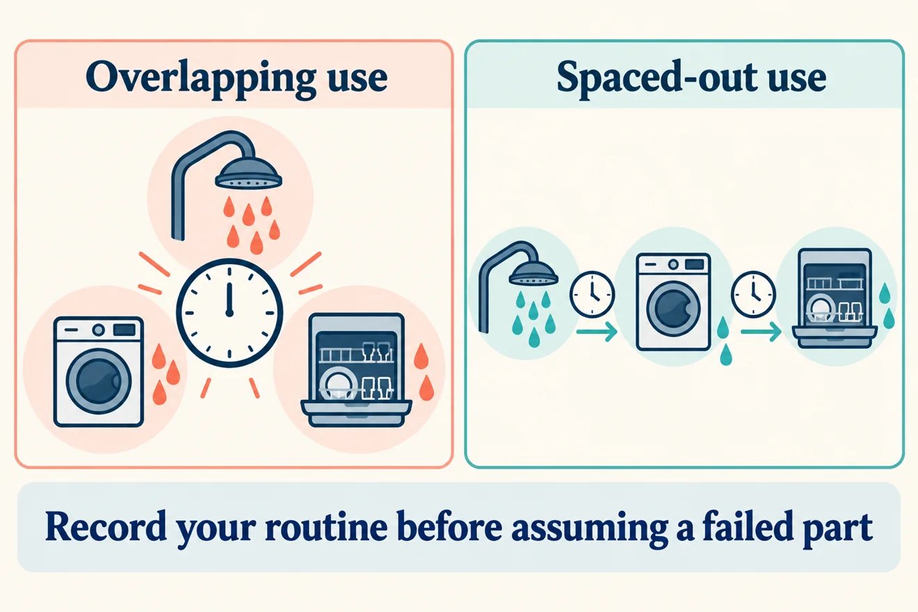 Conceptual comparison of overlapping shower and appliance use with hot-water use spaced over time