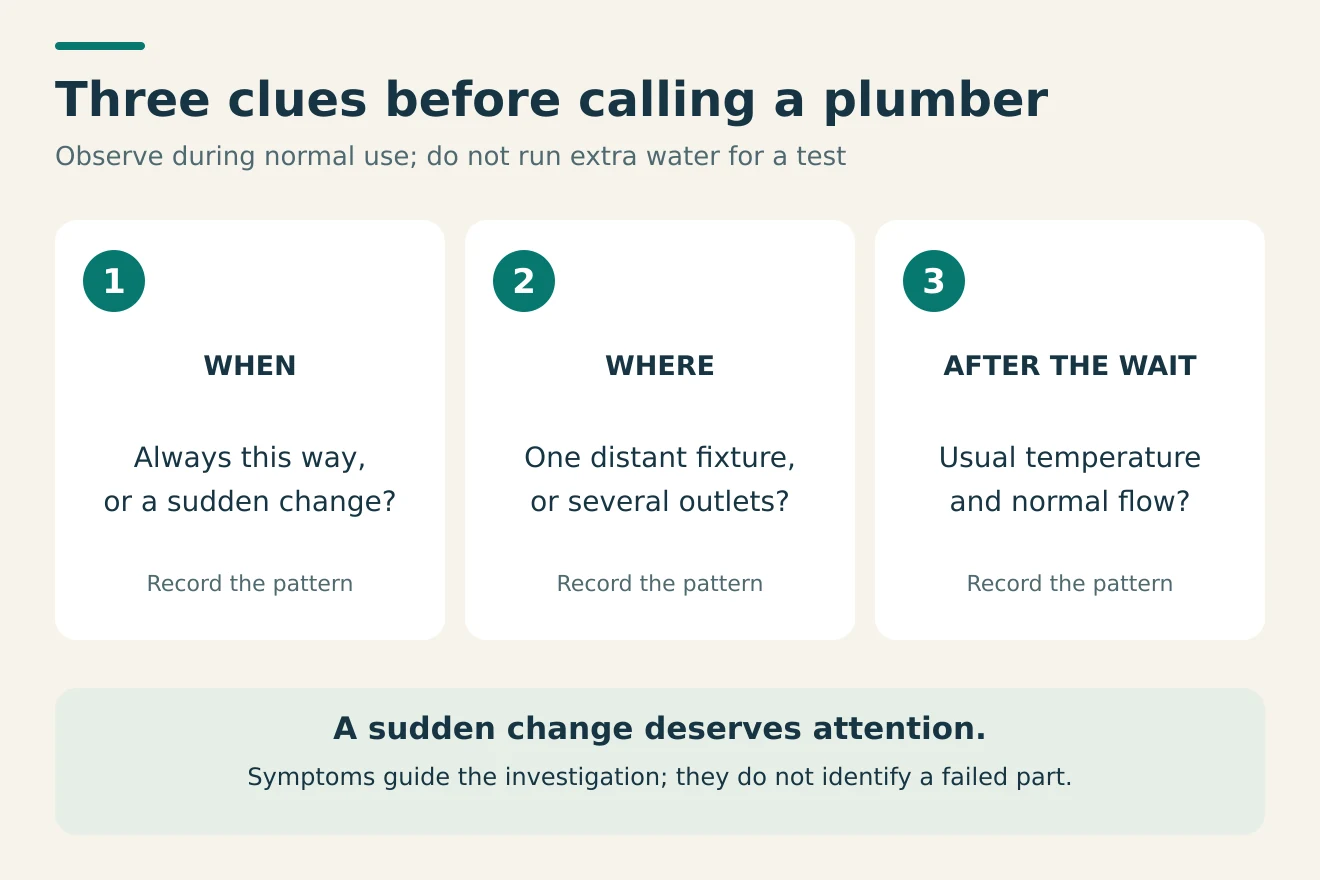 Three observation prompts for a hot water delay: when it began, which fixtures are affected, and temperature and flow after the wait