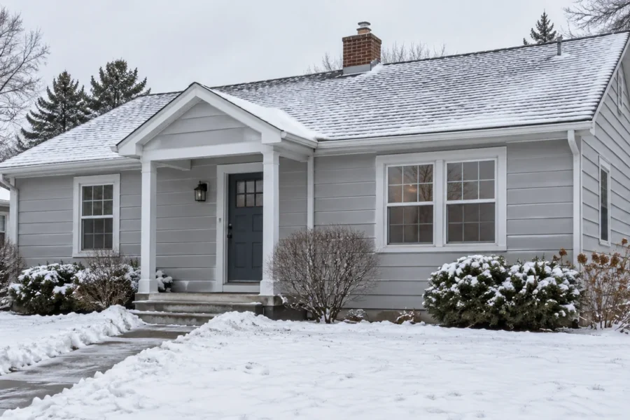 AI-generated illustration of a modest home with a snow-covered yard in winter