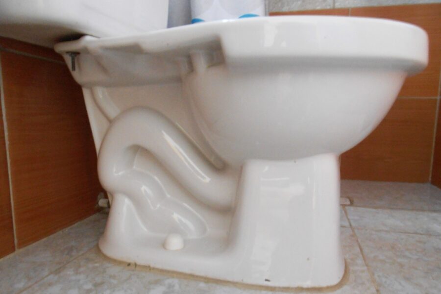 Side view of a floor-mounted toilet bowl with the curved trapway visible in the porcelain base.